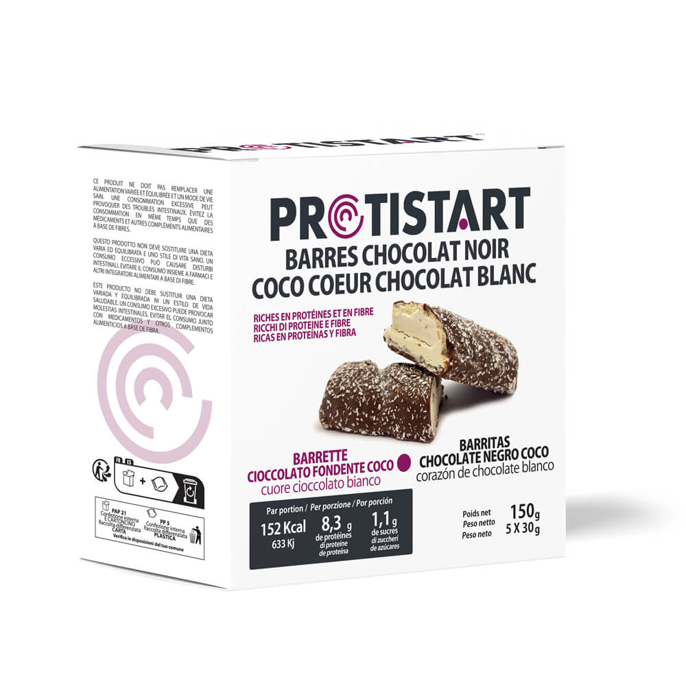 Barres protéinées chocolat noir coco chocolat blanc PROTISTART DDM 10/2025