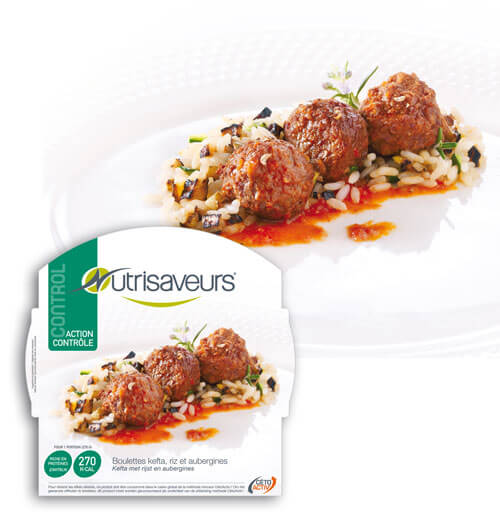 Plat cuisiné Boulettes kefta, riz et aubergines Nutrisaveurs